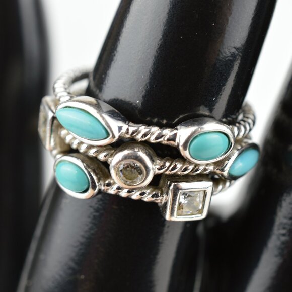 VTG Joseph Esposito ESPO 925 Sterling Silver Turquoise CZ Stacked Band Ring 7.75 - Picture 2 of 11
